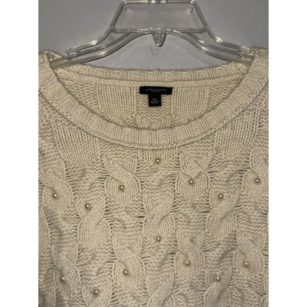 Ann Taylor Wool Angora Sweater Thick Cable Knit Ivory Pearl Rabbit Hair Size XL‎